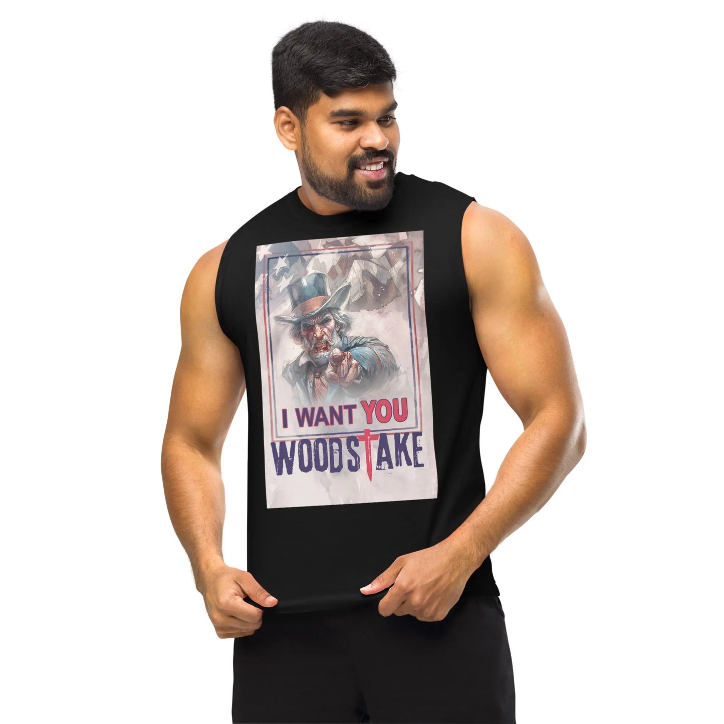 Uncle Sam Vampire Retro Muscle Shirt | Unique Art from Woodstake SHP Comics